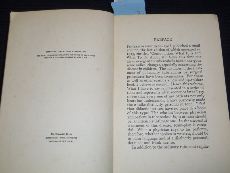 1931 TALKS ON TUBERCULOSIS BOOK BY JOHN B. HAWES - INSCRIBED - KD 7695