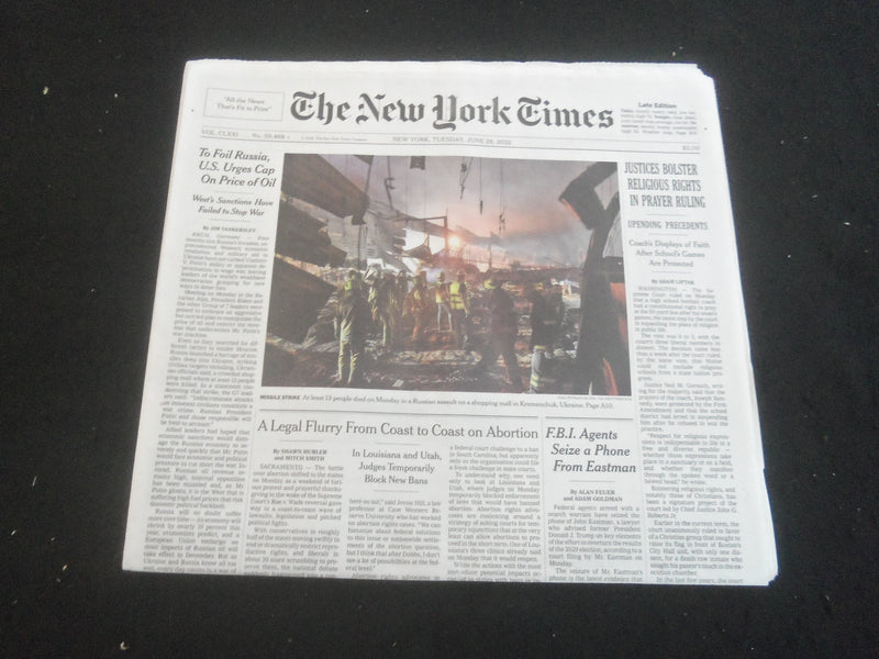 2022 JUNE 28 NEW YORK TIMES - JUSTICES BOLSTER RELIGIOUS RIGHTS IN PRAYER RULING