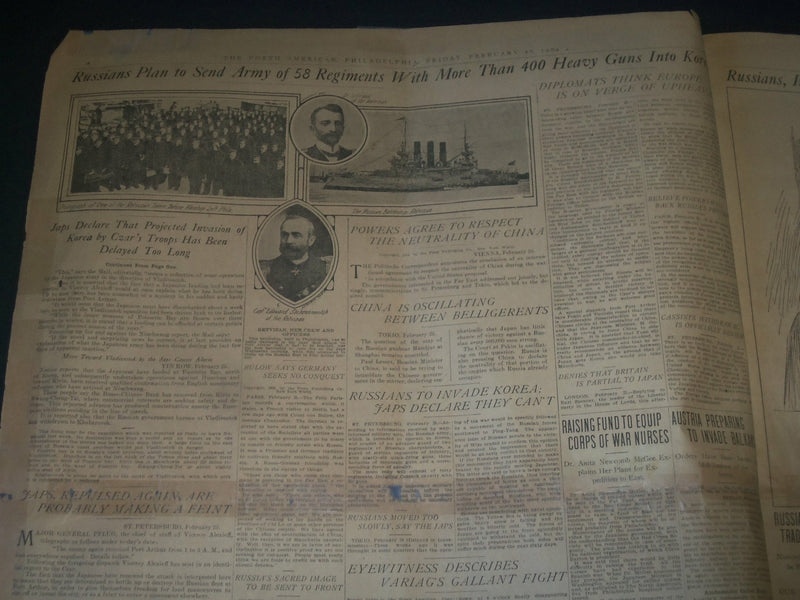 1904 FEB 26 THE NORTH AMERICAN NEWSPAPER - VLADIVOSTOK MENACED - NT 7337