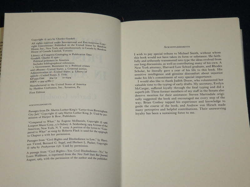 1973 POLITICAL PRIONERS IN AMERICA BOOK INSCRIBED BY CHARLES GOODELL - D 565