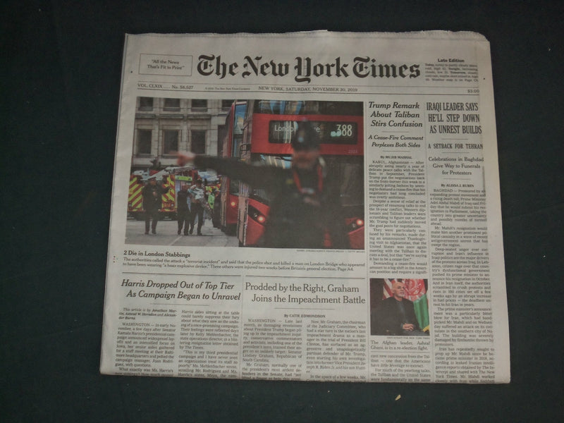 2019 NOVEMBER 30 NEW YORK TIMES - 2 DIE IN LONDON STABBINGS