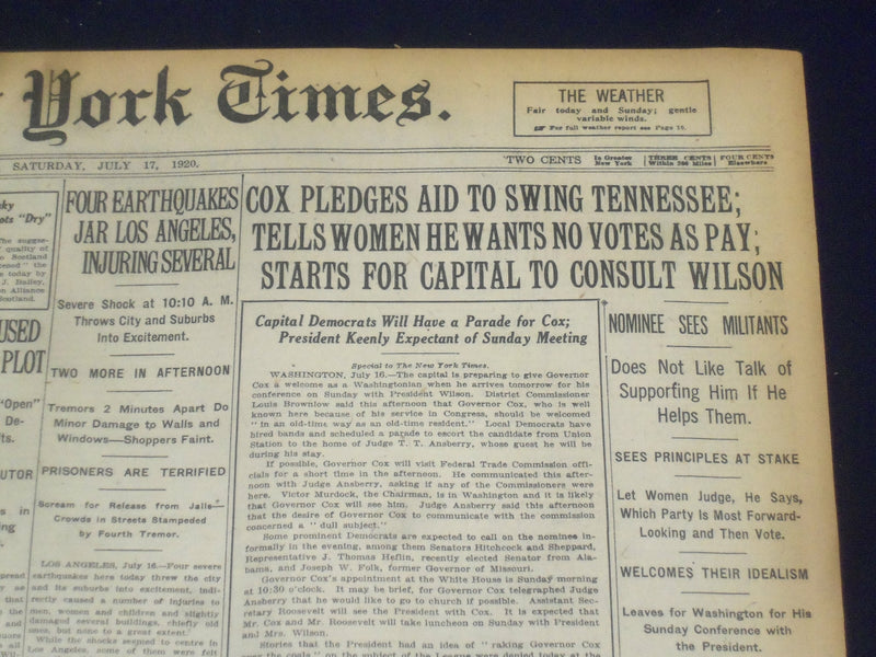 1920 JULY 17 NEW YORK TIMES - COX PLEDGES AID TO SWING TENNESSEE - NT 9332
