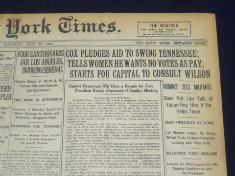 1920 JULY 17 NEW YORK TIMES - COX PLEDGES AID TO SWING TENNESSEE - NT 9332