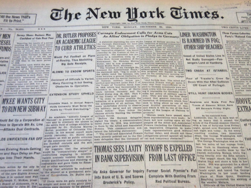 1930 DECEMBER 22 NEW YORK TIMES - DR. BUTLER PROPOSES TO CURB ATHLETICS- NT 5721