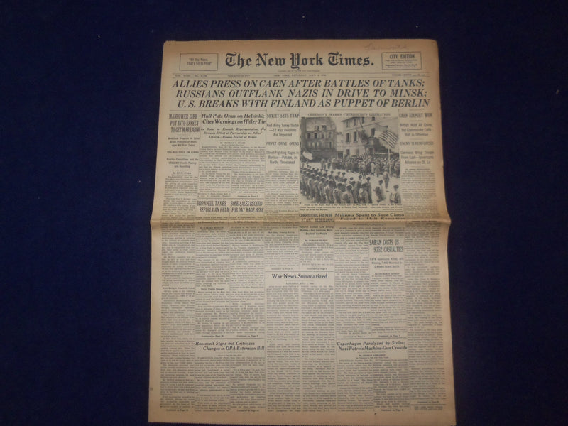 1944 JULY 1 NEW YORK TIMES -ALLIES PRESS ON CAEN AFGER BATTLES OF TANKS- NP 6582