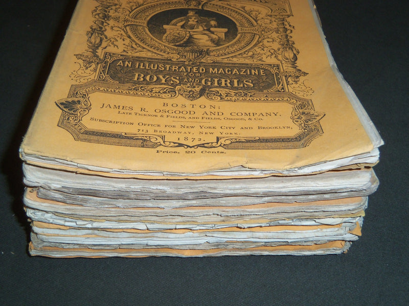 1872 OUR YOUNG FOLKS ILLUSTRATED MAGAZINE LOT OF 12 - GREAT STORIES - WR 105O