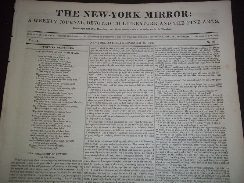 1831 THE NEW-YORK MIRROR NEWSPAPER LOT OF 20 - VOL IX - SHEET MUSIC+ - NP 1491