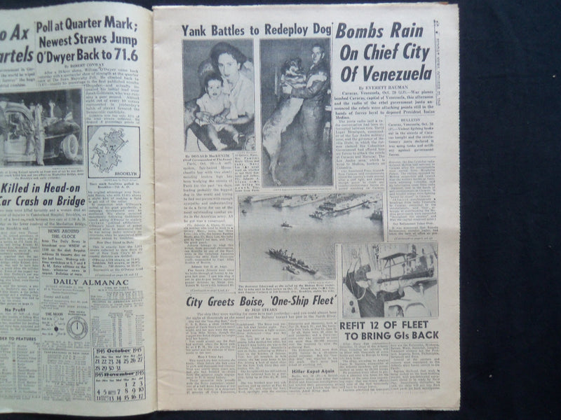 1945 OCT 21 NY SUNDAY NEWS NEWSPAPER-BOMBS RAIN ON CAPITAL OF VENEZUELA- NP 2471