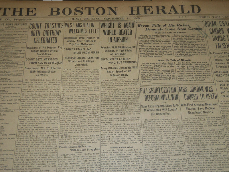 1908 SEPTEMBER 11 THE BOSTON HERALD - WRIGHT WORLD BEATER IN AIRSHIP - BH 306