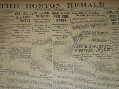 1908 SEPTEMBER 11 THE BOSTON HERALD - WRIGHT WORLD BEATER IN AIRSHIP - BH 306