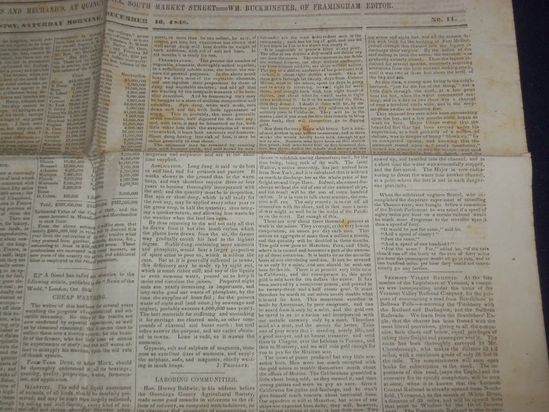 1848 DECEMBER 16 MASSACHUSETTS PLOUGHMAN NEWSPAPER - GOLD IN CALIFORNIA- NP 5158