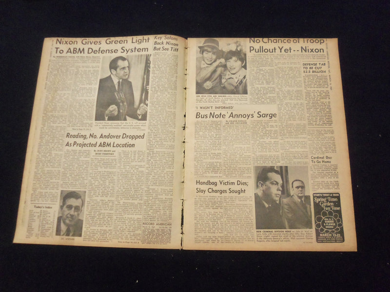 1969 MARCH 15 BOSTON RECORD AMERICAN NEWSPAPER - NIXON APPROVES ABM - NP 6332