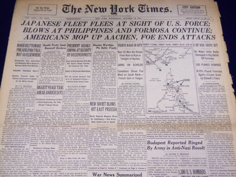 1944 OCTOBER 18 NEW YORK TIMES - JAPANESE FLEET FLEES U. S. FORCE - NT 3337