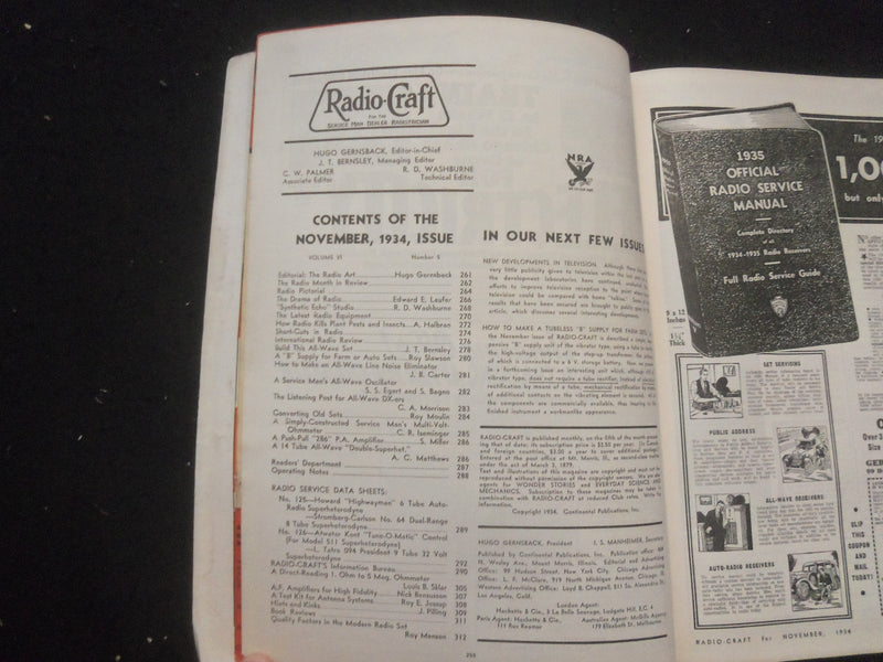 1934 NOVEMBER RADIO-CRAFT MAGAZINE - RADIO WAVES KILL PLANT INSECTS - B 433O