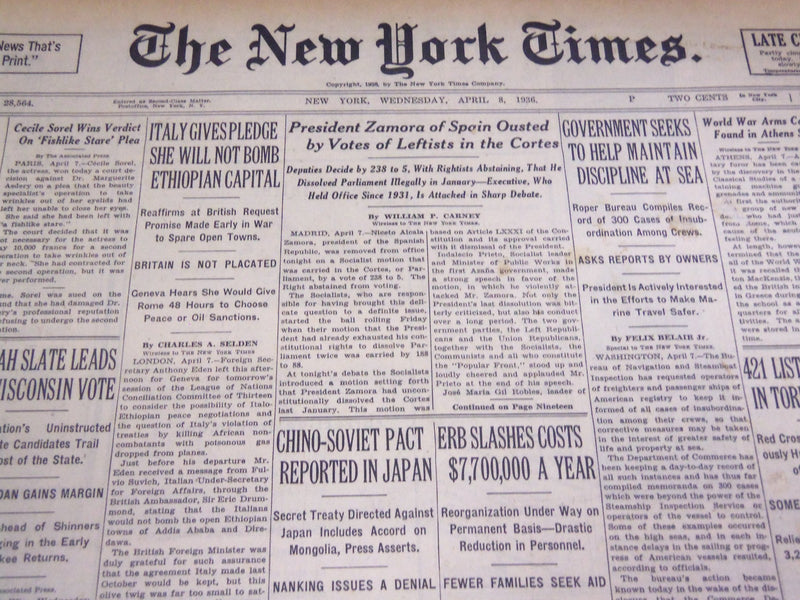 1936 APRIL 8 NEW YORK TIMES - ZAMORA OF SPAIN OUSTED - NT 4046