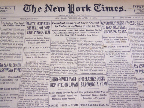 1936 APRIL 8 NEW YORK TIMES - ZAMORA OF SPAIN OUSTED - NT 4046