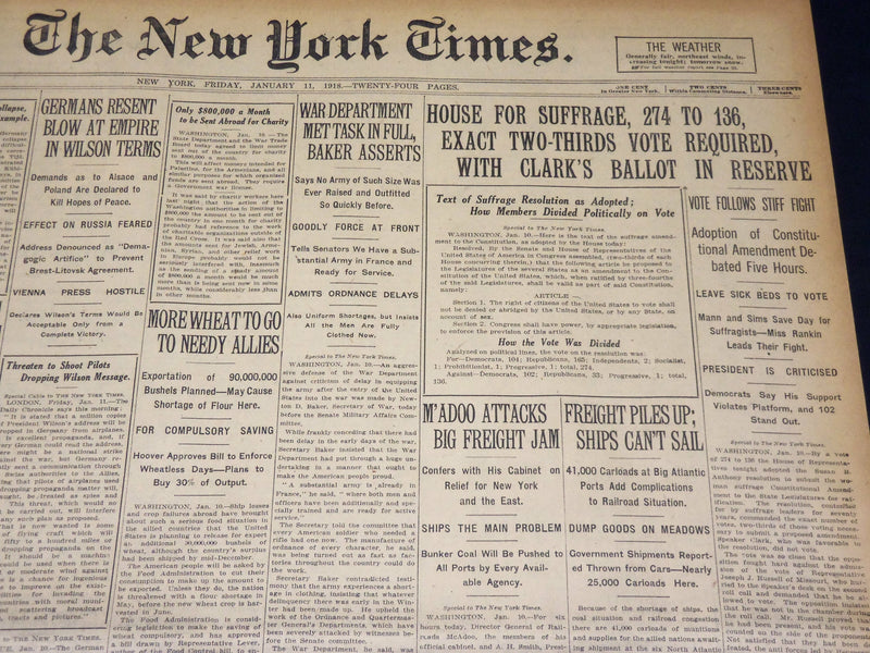 1918 JANUARY 11 NEW YORK TIMES - HOUSE FOR SUFFRAGE 274 TO 136 - NT 7920