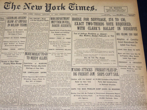 1918 JANUARY 11 NEW YORK TIMES - HOUSE FOR SUFFRAGE 274 TO 136 - NT 7920