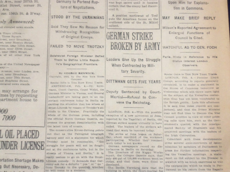 1918 FEBRUARY 5 NEW YORK TIMES - GERMAN STRIKE BROKEN BY ARMY - NT 8231