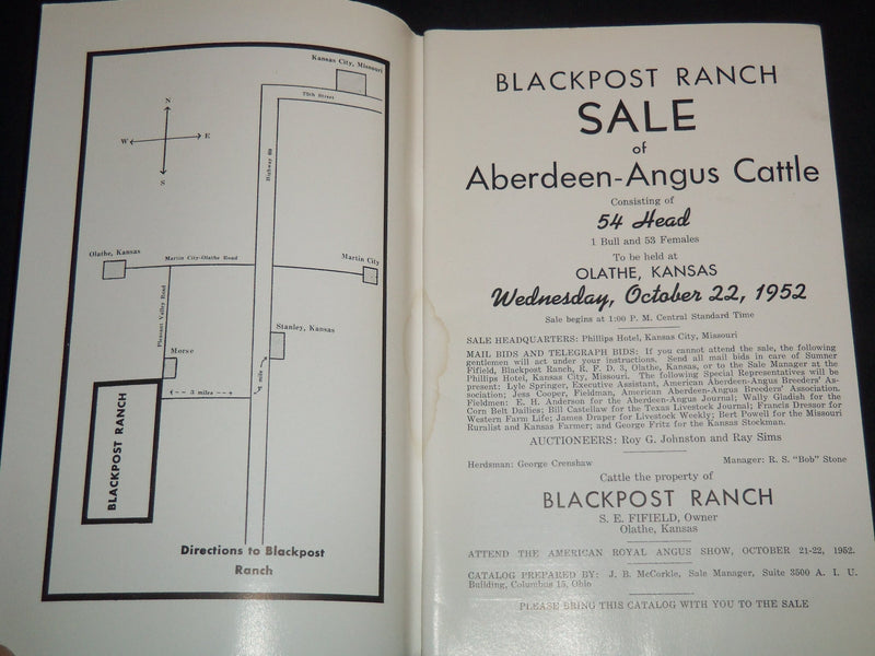 1952 BLACKPOST RANCH ANNUAL PRODUCTION SALE CATALOG - OLATHE KANSAS - J 9101