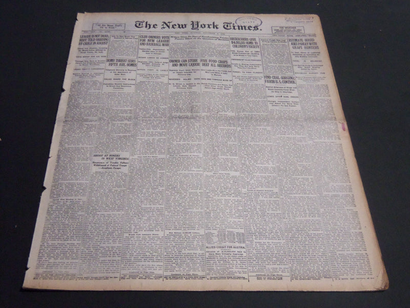 1920 NOV 9 NEW YORK TIMES -CLUB OWNERS VOTE FOR NEW LEAGUE BASEBALL WAR- NT 6732
