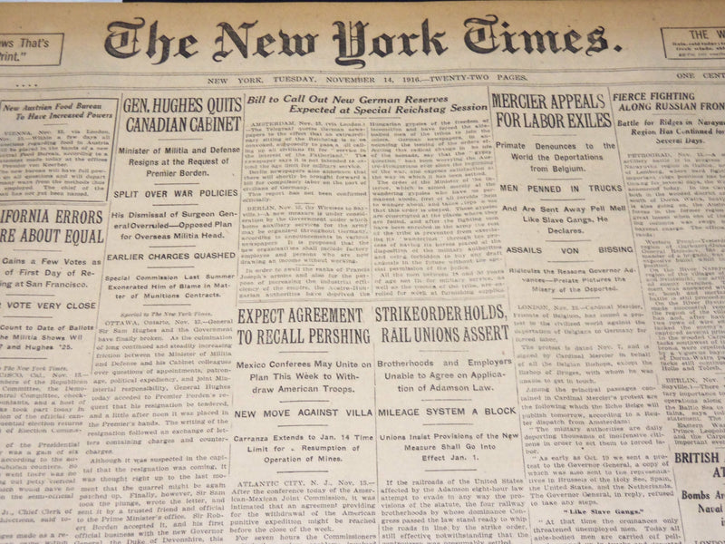 1916 NOVEMBER 14 NEW YORK TIMES - AGREEMENT TO RECALL PERSHING - NT 7731