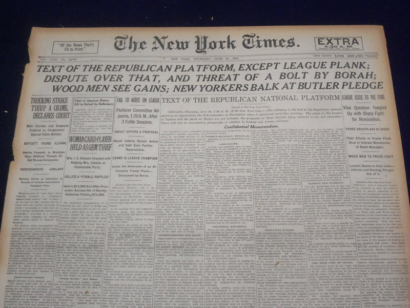 1920 JUNE 10 NEW YORK TIMES - TEXT OF REPUBLICAN PLATFORM - NT 9110