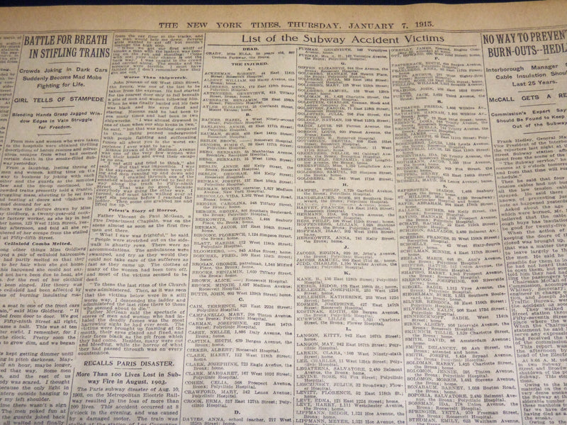 1915 JANUARY 7 NEW YORK TIMES - PANIC IN SUBWAY 1 DEAD 210 HURT - NT 7817