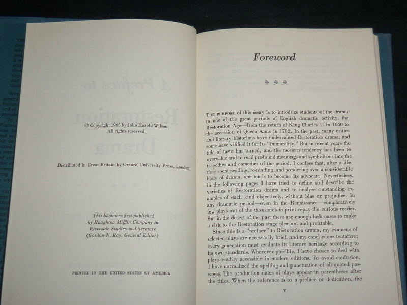 1968 A PREFACE TO RESTORATION DRAMA BOOK BY JOHN HAROLD WILSON - KD 7005