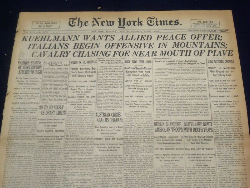 1918 JUNE 26 NEW YORK TIMES - KUEHLMANN WANTS ALLIED PEACE OFFER - NT 9094
