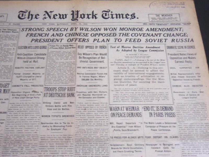 1919 APRIL 12 NEW YORK TIMES - STRONG SPEECH BY WILSON WON MONROE - NT 6968