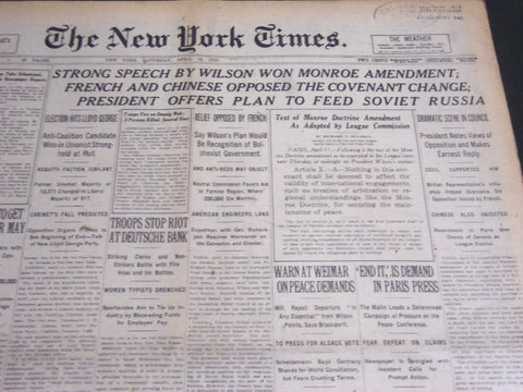 1919 APRIL 12 NEW YORK TIMES - STRONG SPEECH BY WILSON WON MONROE - NT 6968