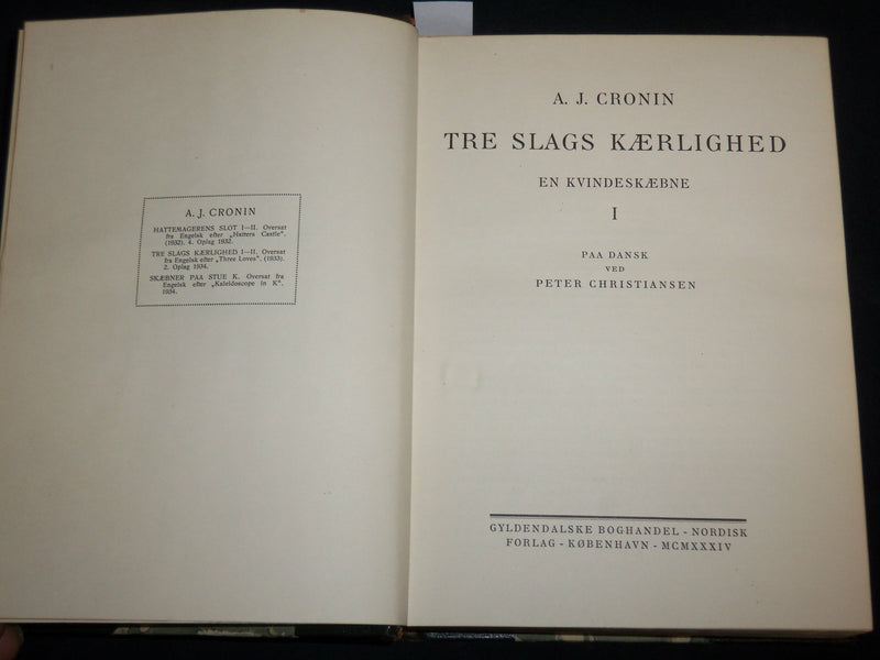 1934 TRE SLAGS KAERLIGHED EN KVINDESKAEBNE BOOK BY A. J. CRONIN - KD 7140