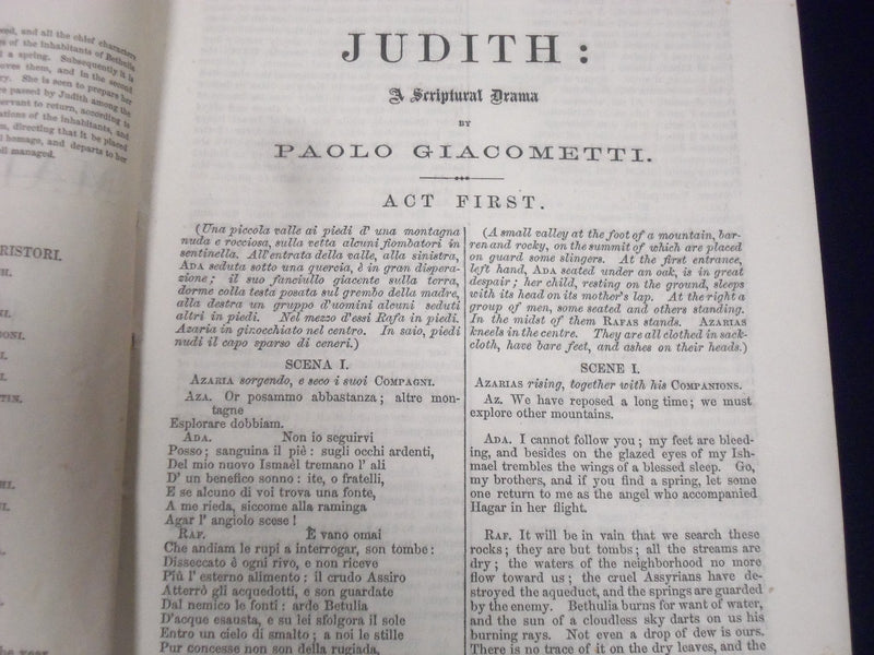 1866 GIACOMETTI'S TRAGEDY OF JUDITH REPRESENTED BY MADAME RISTORI BOOK - J 1887