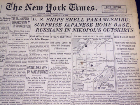 1944 FEBRUARY 8 NEW YORK TIMES - U. S. SHIPS SHELL PARAMUSHIRU - NT 746