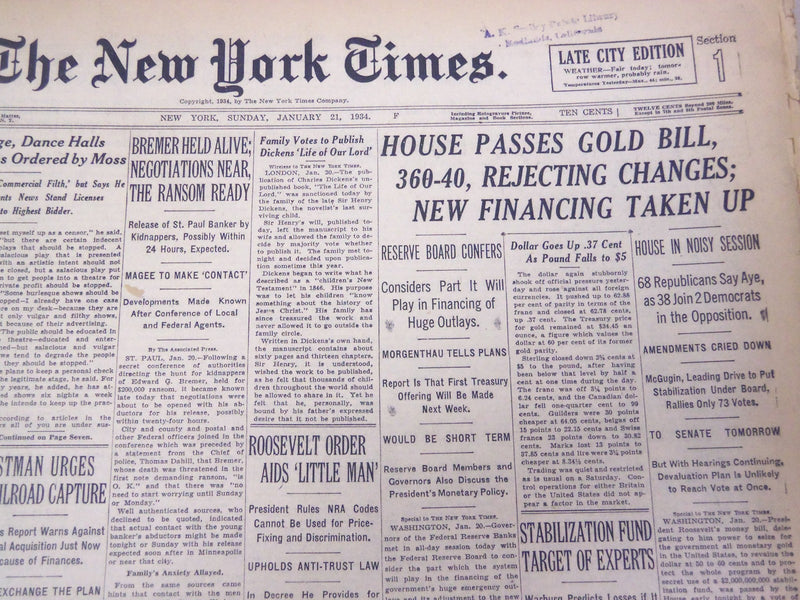 1934 JANUARY 21 NEW YORK TIMES - HOUSE PASSES GOLD BILL 360-40 - NT 1696