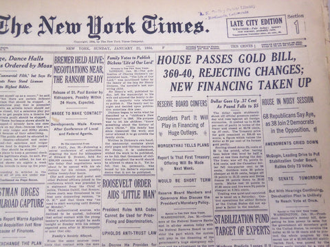 1934 JANUARY 21 NEW YORK TIMES - HOUSE PASSES GOLD BILL 360-40 - NT 1696