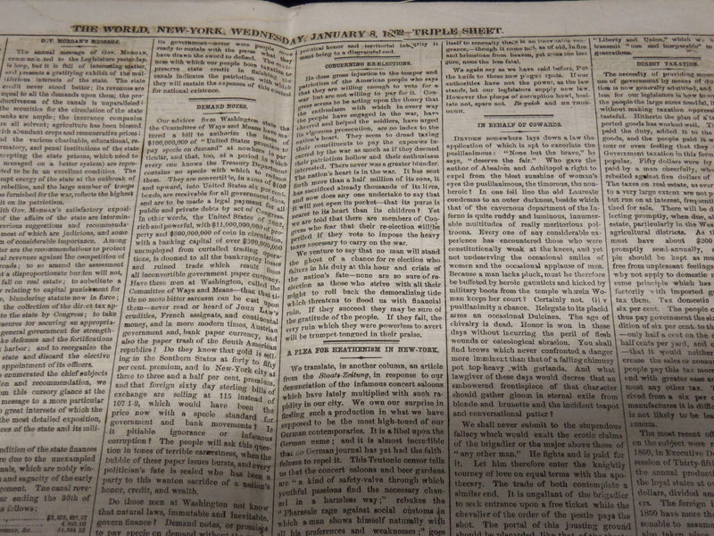 1862 JANUARY 8 THE WORLD NEWSPAPER - TRIPLE SHEET - NEW YORK - CIVIL WAR - K 62