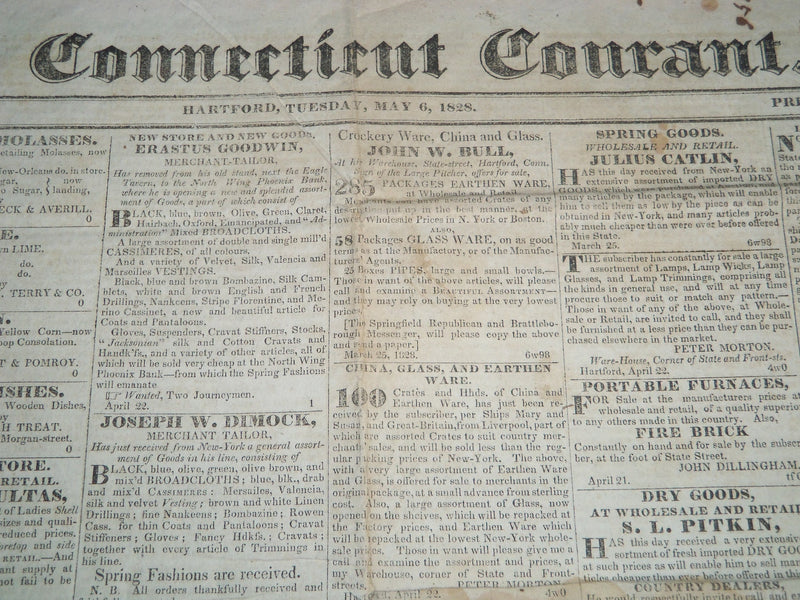 1828 MAY 6 THE CONNECTICUT COURANT NEWSPAPER - HARTFORD - NP 4177