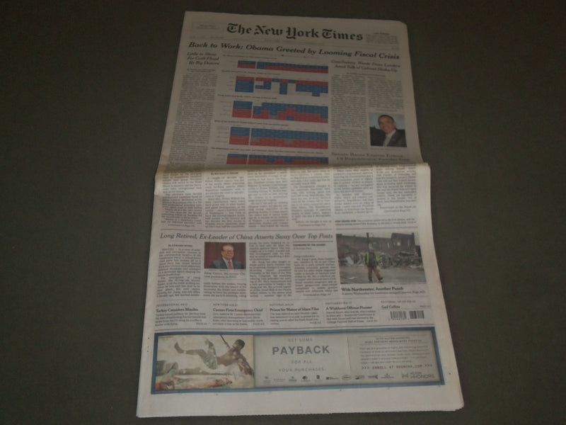 2012 NOVEMBER 8 NEW YORK TIMES NEWSPAPER - OBAMA GREETED BY LOOMING - NP 2723