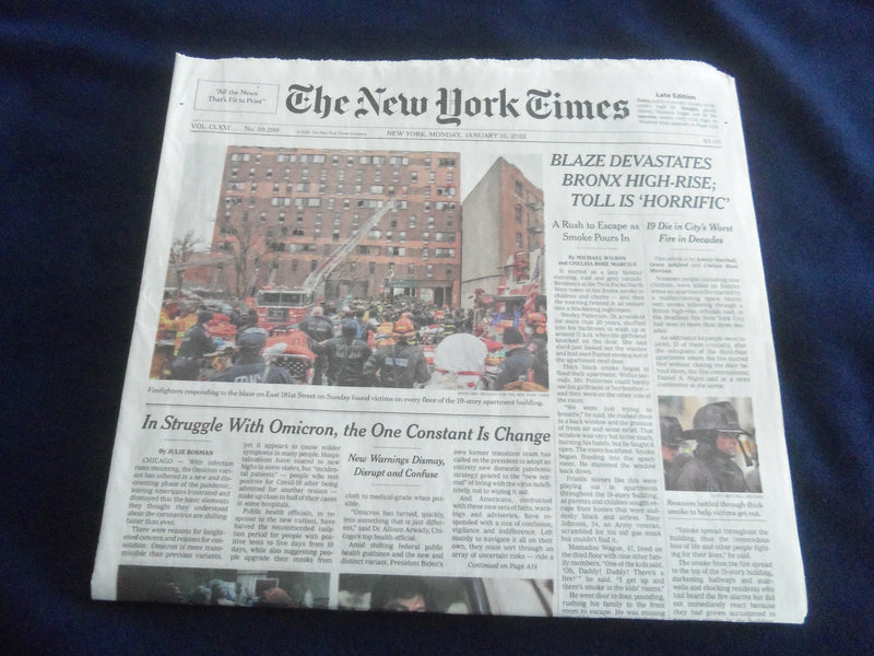 2022 JANUARY 10 NEW YORK TIMES - BLAZE DEVASTATES BRONX HIGH-RISE; HORRIFIC TOLL