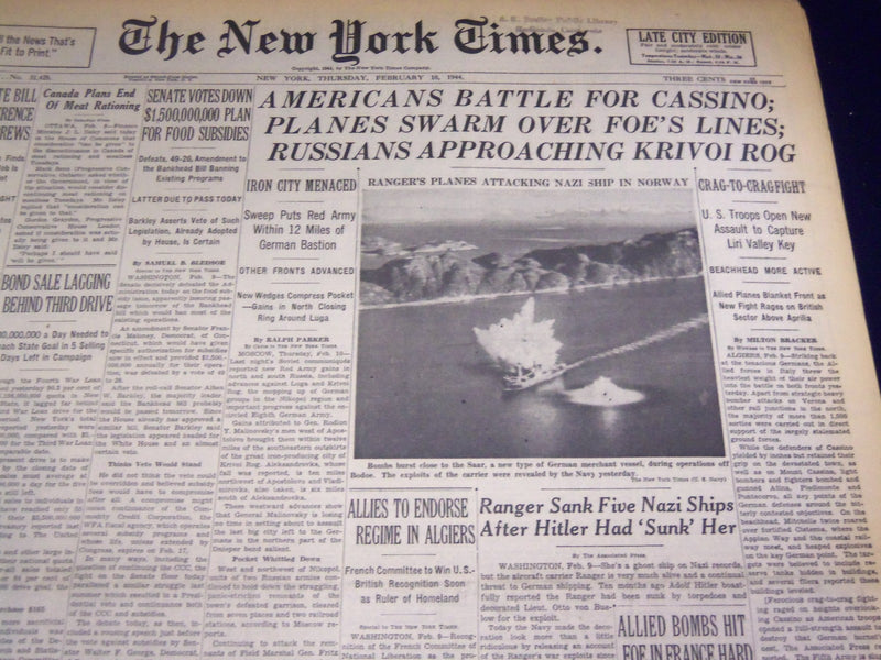 1944 FEBRUARY 10 NEW YORK TIMES - AMERICANS BATTLE FOR CASSINO - NT 3734