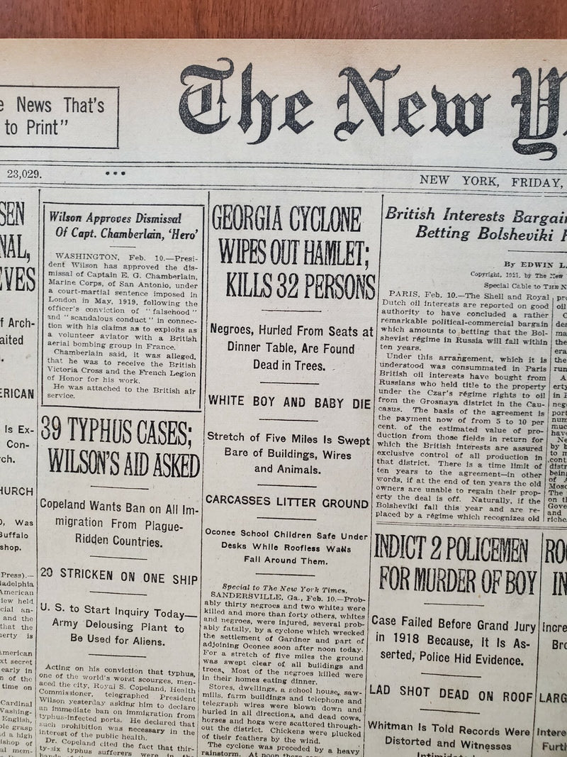 1921 FEBRUARY 11 NEW YORK TIMES - GEORGIA CYCLONE WIPES OUT HAMLET - NT 8120