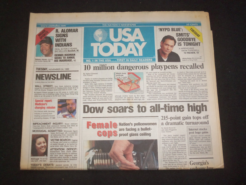 1998 NOVEMBER 24 USA TODAY NEWSPAPER - DOW SOARS TO ALL-TIME HIGH - NP 7970
