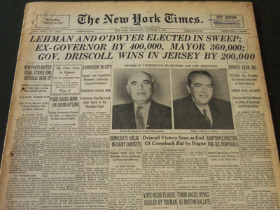 1949 NOVEMBER 9 NEW YORK TIMES - LEHMAN & O'DWYER ELECTED IN SWEEP - NT 5532
