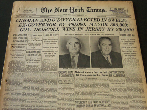 1949 NOVEMBER 9 NEW YORK TIMES - LEHMAN & O'DWYER ELECTED IN SWEEP - NT 5532