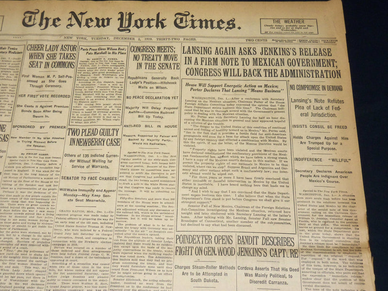 1919 DECEMBER 2 NEW YORK TIMES - LANSING ASKS FOR JENKINS RELEASE - NT 7944