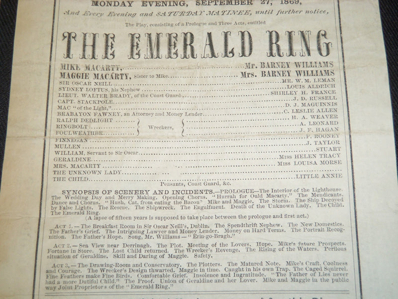 1869 BOSTON THEATRE PROGRAMS LOT OF 2 - THE EMERALD RING - PEARL SAVOY - J 5340