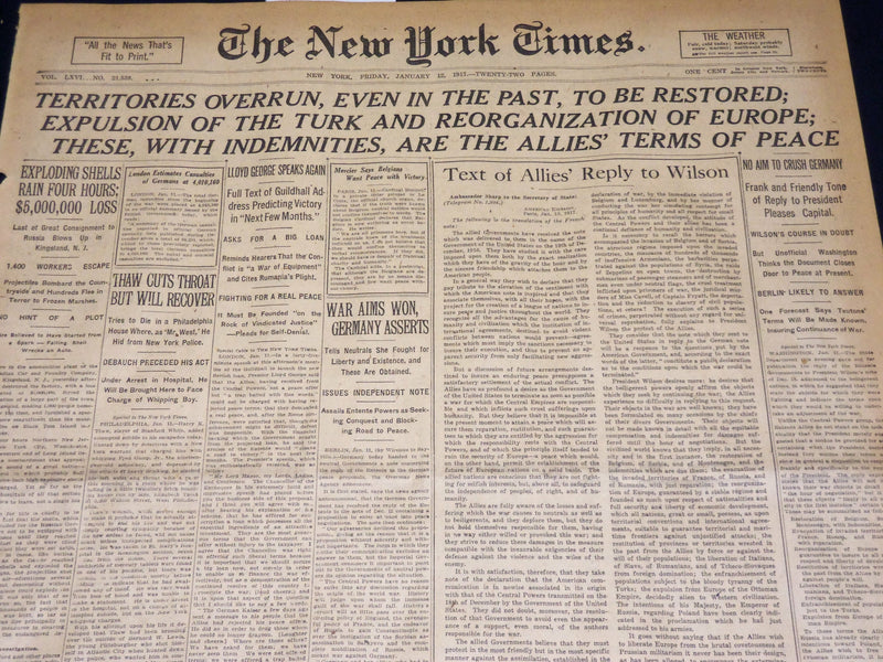 1917 JANUARY 12 NEW YORK TIMES NEWSPAPER - ALLIES TERMS OF PEACE - NT 8742