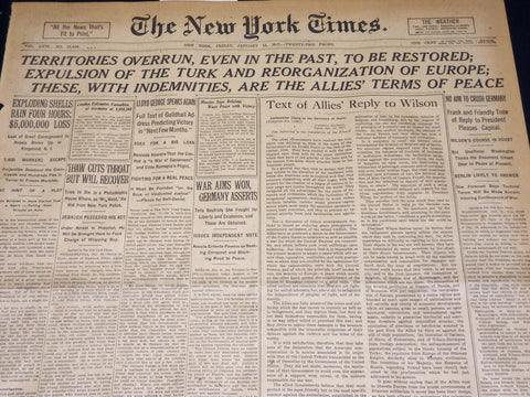 1917 JANUARY 12 NEW YORK TIMES NEWSPAPER - ALLIES TERMS OF PEACE - NT 8742